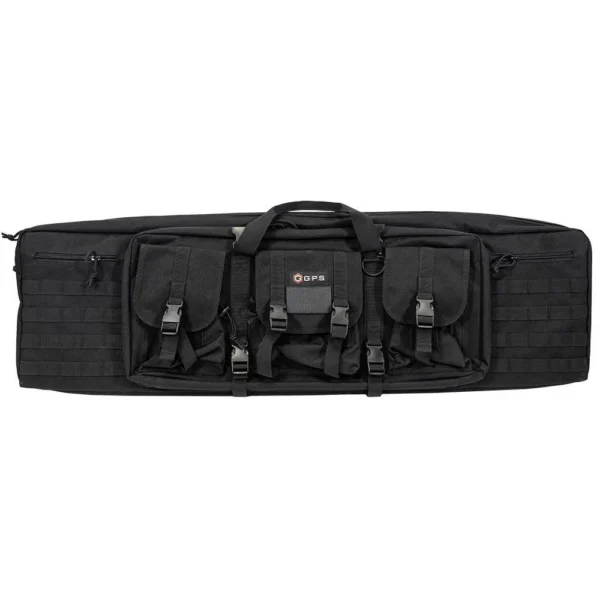 G-Outdoors Double Rifle Case 42-inch Black, front view with carry handles and multiple pockets