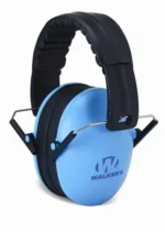 WALKER'S X-SM CMPCT passive muff, angled view with blue ear cups and black padded headband