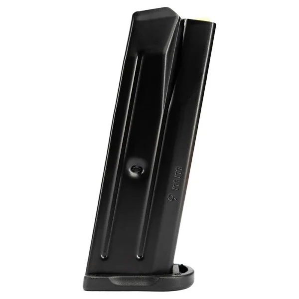Rost Martin RM1C Handgun Magazine, angled front view of black metal magazine with base plate