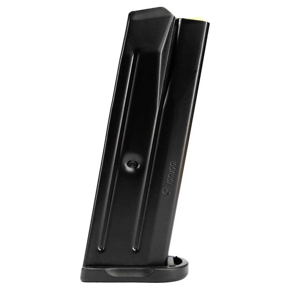 primary-55889 Rost Martin RM1C Handgun Magazine, angled front view of black metal magazine with base plate