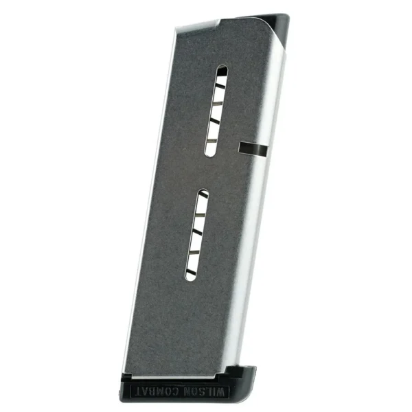 Wilson Combat Series 47 Magazine, silver magazine with black basepad in side view