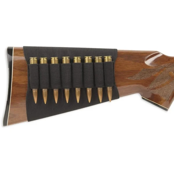 BULLDOG BUTT STOCK RIFE HOLDER BLK, black holder on wood stock with cartridge loops
