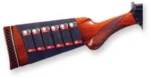 Bulldog Butt Stock Shotgun shell holder, side view on wood stock with six visible shells
