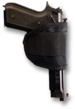 BULLDOG PRO INSIDE PANT MED BLK, black fabric holster holding a handgun, right-side view