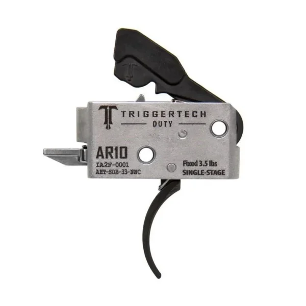TriggerTech AR10 Duty Curve, side view of silver trigger housing with curved black trigger