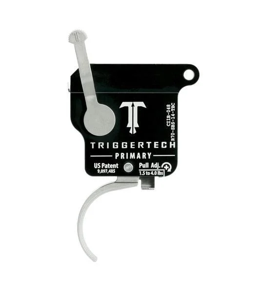TriggerTech Rem 700 Primary Curved Trigger, side view with black housing and silver curved trigger