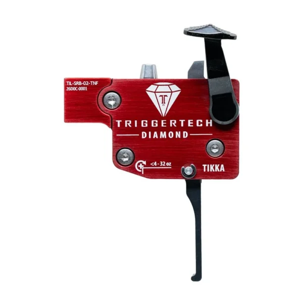 TriggerTech Tikka Diamond Trigger, red and black side view with flat trigger blade and housing