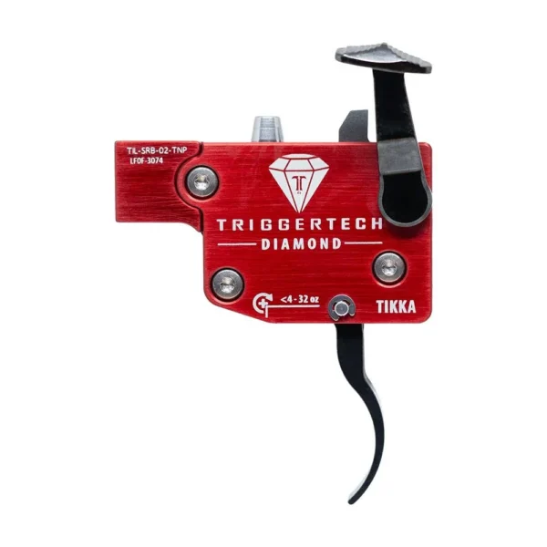 TriggerTech Tikka Diamond Trigger, red and black side view with curved trigger blade and housing