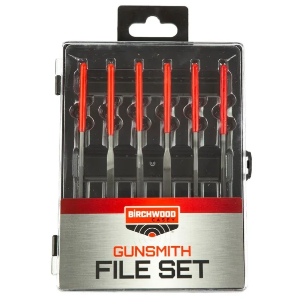 Birchwood Casey Gunsmithing File Set, six black files with red handles in clear case
