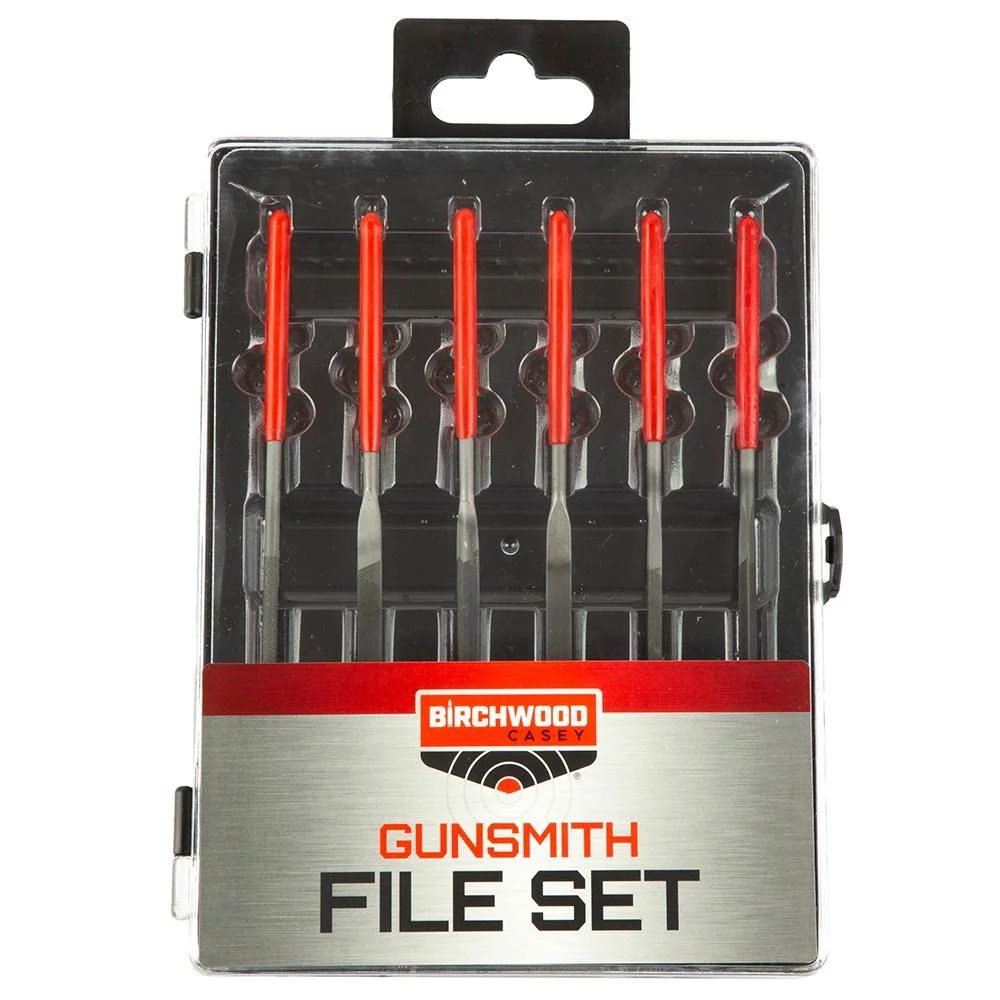 primary-55954 Birchwood Casey Gunsmithing File Set, six black files with red handles in clear case