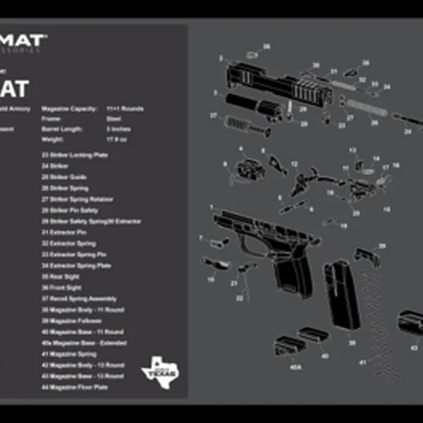 TEKMAT ULTRA PSTL MAT HELLCAT, black top view with gray pistol parts diagram and text
