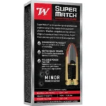 Winchester Super Match black and red ammunition box, angled front view with cutaway bullet graphic