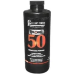 Alliant Reloder 50 Rifle Powder, front view of black bottle with black, red and white label
