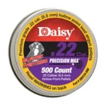 DAISY 22CAL HP PELLETS 500 COUNT TIN, round metal tin with yellow, red and purple lid label