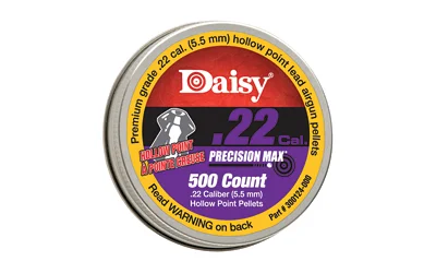 DAISY 22CAL HP PELLETS 500 COUNT TIN, round metal tin with yellow, red and purple lid label