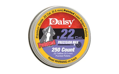 DAISY 22CAL POINTED PELLET 250CT TIN, round metal tin with yellow, red and gray lid label
