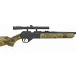 Daisy Grizzly camo rifle, right-side view with mounted black scope and camouflage stock