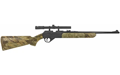 Daisy Grizzly camo rifle, right-side view with mounted black scope and camouflage stock
