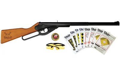 Daisy Buck 105 wood-stock lever rifle, right-side view with safety glasses, patches and targets