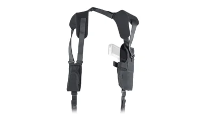 primary-5802 Uncle Mike's U/M PRO PAK VERT SHDLR HLSTR SZ 5 RH black front view with shoulder harness and pouches