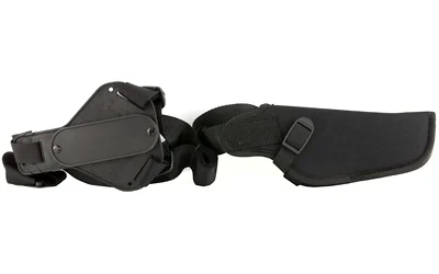 primary-5808 Uncle Mike's U/M VERT SHLDR HLSTR SZ 2 BLK RH black holster laid flat with straps and pouch