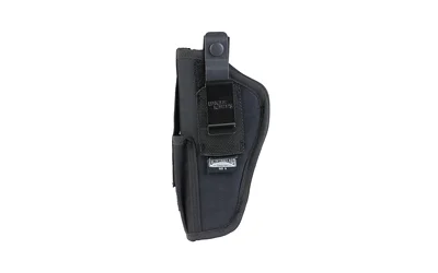 Uncle Mike's U/M AMB HIP HLSTR W/PCH SZ 5 BLK black hip holster, side view with retention strap