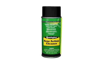 Remington REM Action Cleaner green aerosol can with black cap, front view
