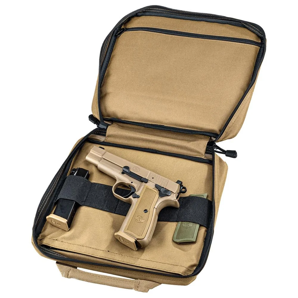 primary-613 FN USA FN High Power Handgun, tan pistol in an open padded tan case with retaining straps