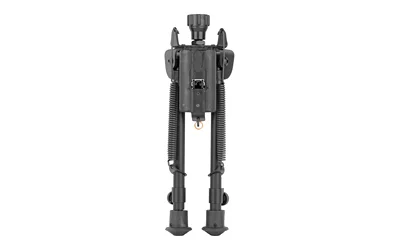 HARRIS BIPOD 9-13 ROTATE SELF LEVEL black, folded front view with adjustable legs and rubber feet