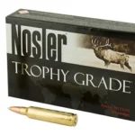 Nosler 30NOS AB, green Trophy Grade box with two brass cartridges visible