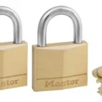 Master Lock padlock 2-pack keyed alike, two brass padlocks with silver shackles and keys