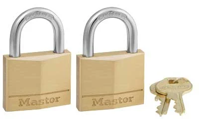 primary-6239 Master Lock padlock 2-pack keyed alike, two brass padlocks with silver shackles and keys