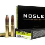 NOSLER 300BLK ammunition, black box with three upright cartridges and one cartridge on its side