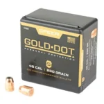 Speer Ammunition SPR GOLD DOT box with two copper-coloured projectiles, front view