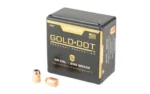 Speer Ammunition SPR GOLD DOT box with two copper-coloured projectiles, front view