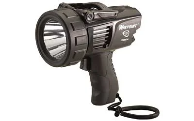 primary-6412 Streamlight WAYPOINT 300 flashlight, black angled view with pistol grip and wrist strap