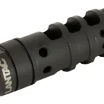 LANTAC 9MM DRAGON MB 1/2X28 black angled view with round ports, side cuts and threaded opening