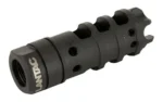 LANTAC 9MM DRAGON MB 1/2X28 black angled view with round ports, side cuts and threaded opening
