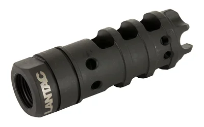 LANTAC 9MM DRAGON MB 1/2X28 black angled view with round ports, side cuts and threaded opening