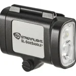 Streamlight SL-SIDESADDLE hard hat light, black angled front view with dual LEDs and silver side panel