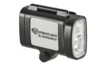 Streamlight SL-SIDESADDLE hard hat light, black angled front view with dual LEDs and silver side panel