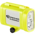Streamlight SL-SIDESADDLE hard hat light, yellow angled front view with dual LEDs and silver panel