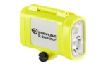 Streamlight SL-SIDESADDLE hard hat light, yellow angled front view with dual LEDs and silver panel