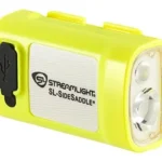 Streamlight SL-SIDESADDLE USB hard hat light, yellow angled front view with dual LEDs and USB cover