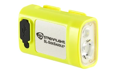 primary-6452 Streamlight SL-SIDESADDLE USB hard hat light, yellow angled front view with dual LEDs and USB cover
