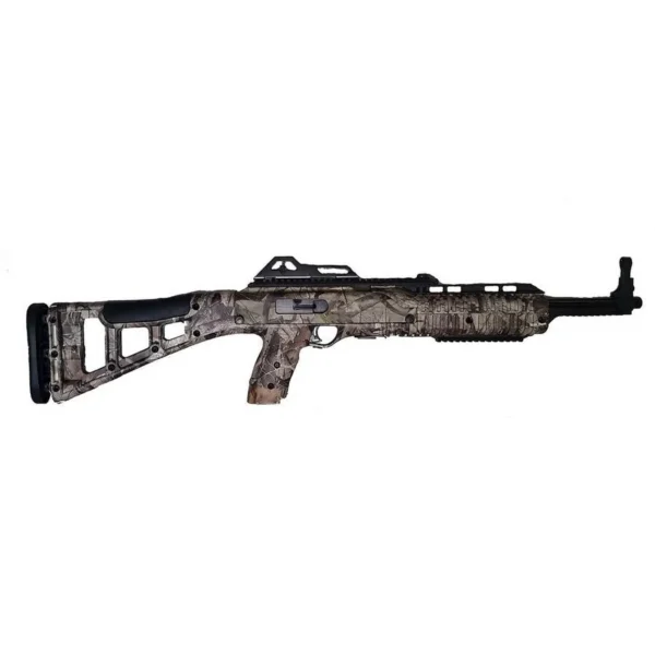 MKS SUPPLY LLC Hi-Point 9TS Carbine, side view with woodland camo stock and black barrel