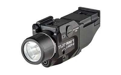 Streamlight STRMLGHT TLR RM1 500LM LT/GRN LSR black rail-mounted light, angled front and right view