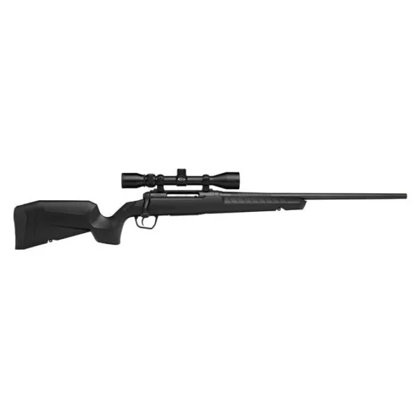 Savage Arms SAV AXIS XP rifle, black side view with stock, mounted scope and long barrel