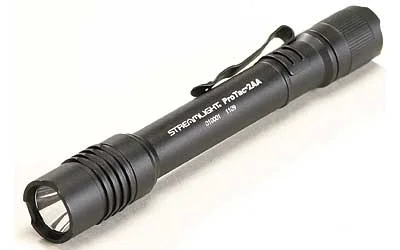 primary-6536 Streamlight ProTac 2AA LED, black angled view with pocket clip, textured body and front lens