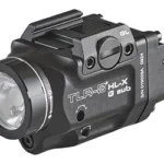 Streamlight TLR8 HLX SUB GRN, black angled front and right-side view with round light lens and controls